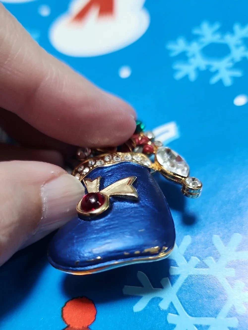 Blue Holiday Stocking Brooch with Rhinestones